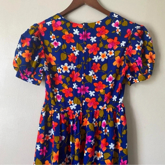 Vintage 70s Bright Electric Floral Handmade Puff Sleeve Midi Maxi Dress Retro - Picture 9 of 13